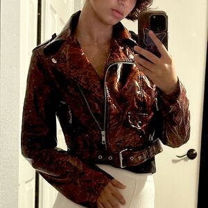 Metallic snakeskin cropped biker jacket